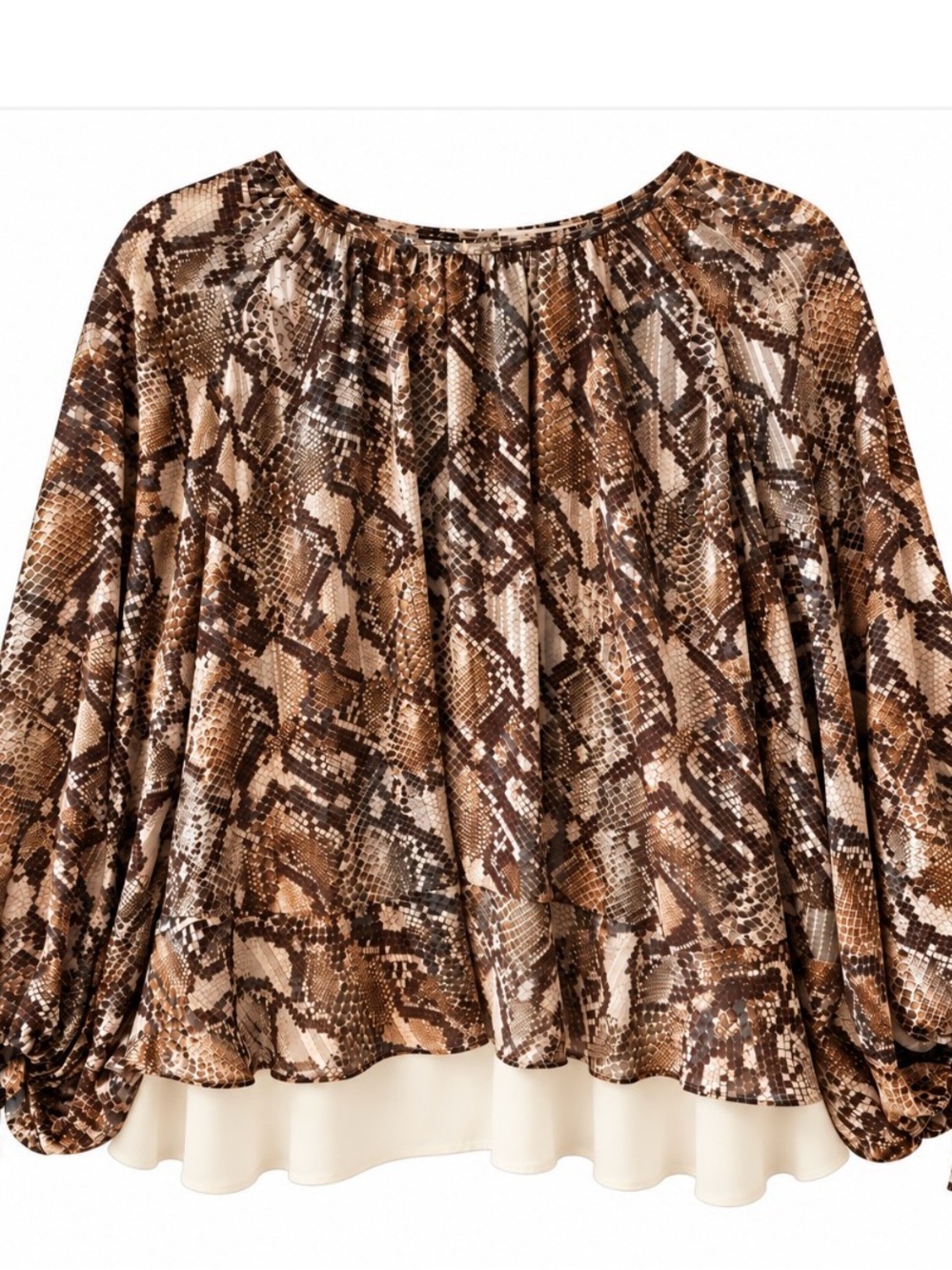 Parker Brown Snake-Print Blouson Top with Cream Hem